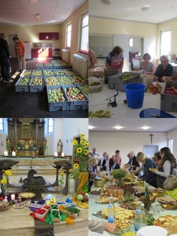Ökumenische Schöpfungstage Eine Bildcollage zeigt Kisten mit Äpfeln, Menschen beim Apfelschälen und einen mit Obst und Gemüse dekorierten Altarraum einer Kirche